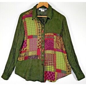 CM Shapes Women's Large Green Crinkle Rayon Blouse Artsy Patchwork Boho Top